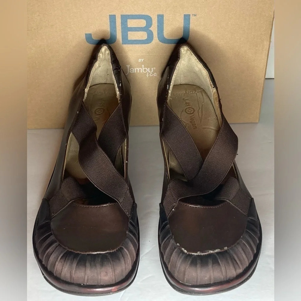 Jambu JBU J41 Wedge Heel Shoes Brown Criss-Cross Vegan Women’s Size US9.5 US9.5M